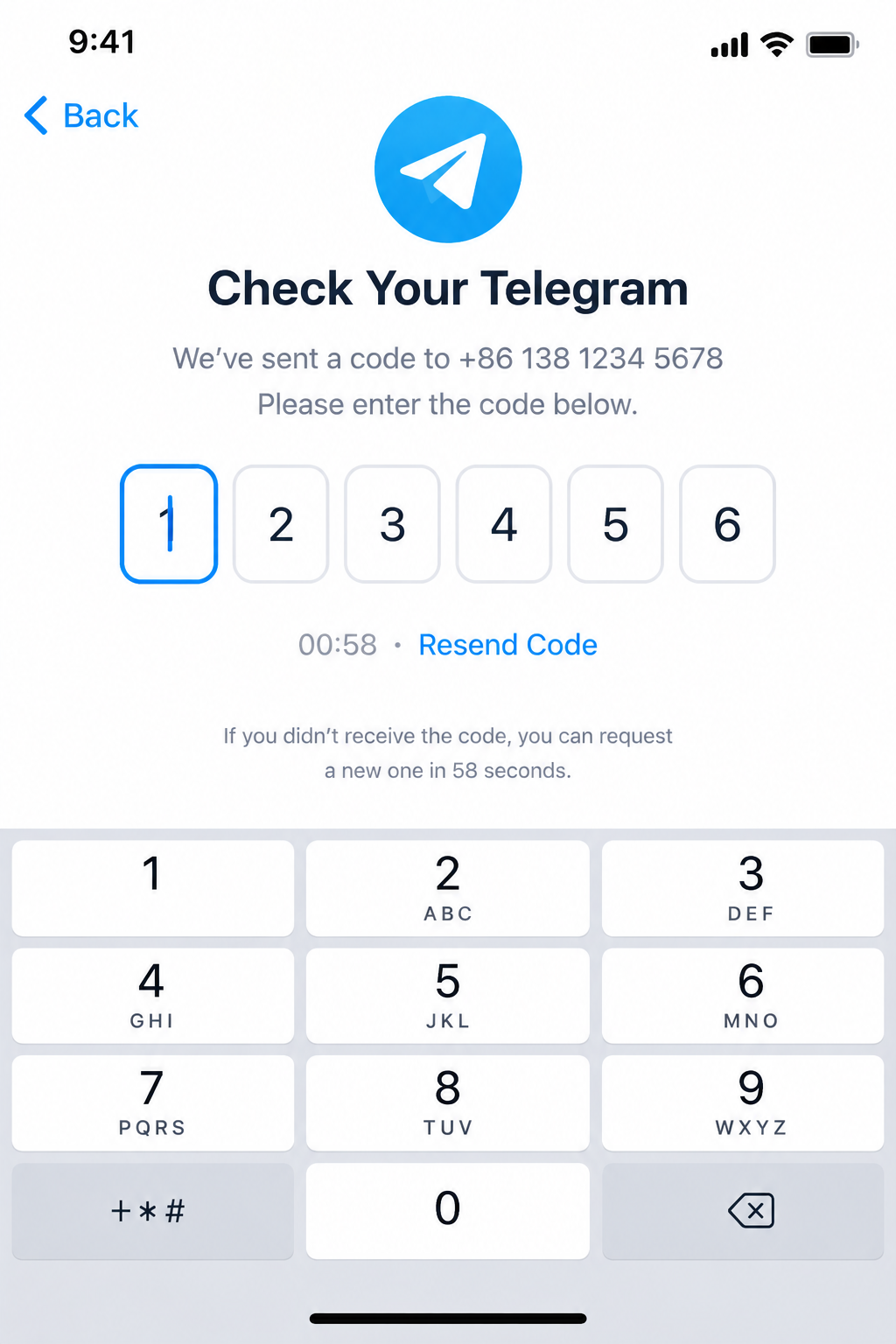 Telegram验证码输入页面